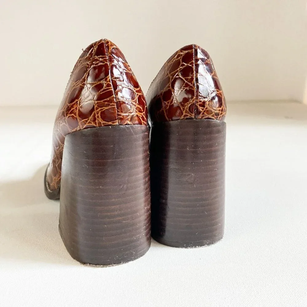 L'Intervalle Brown Croc Print Leather Chunky Heel Loafers 36